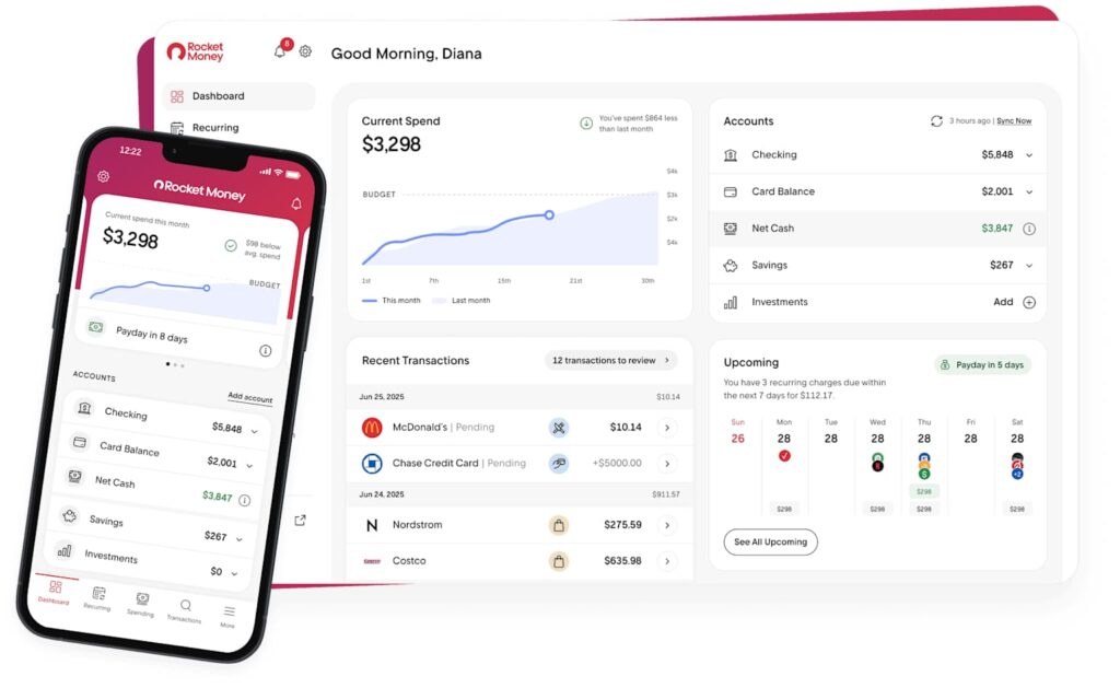 "Rocket Money budgeting app dashboard 2026 spending summary accounts investments US rates TheWealthe.com"