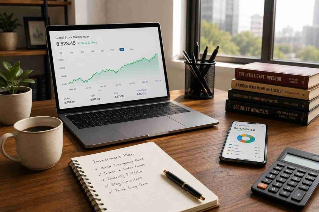 Beginner planning long-term investing with index funds using a modern investment workspace.