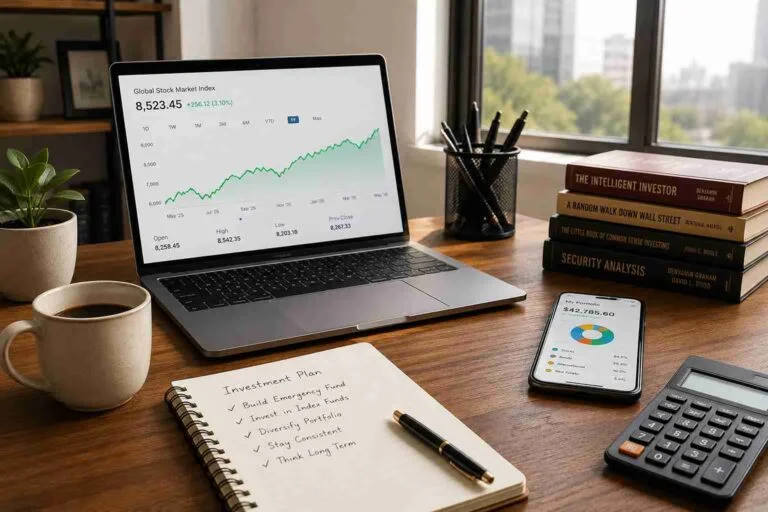Beginner planning long-term investing with index funds using a modern investment workspace.